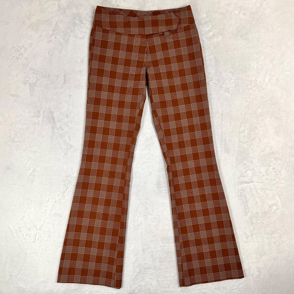 Y2K Wet Seal Low Rise Plaid Flare Pants Size 0 Brown Bootcut Stretch Trouser VTG